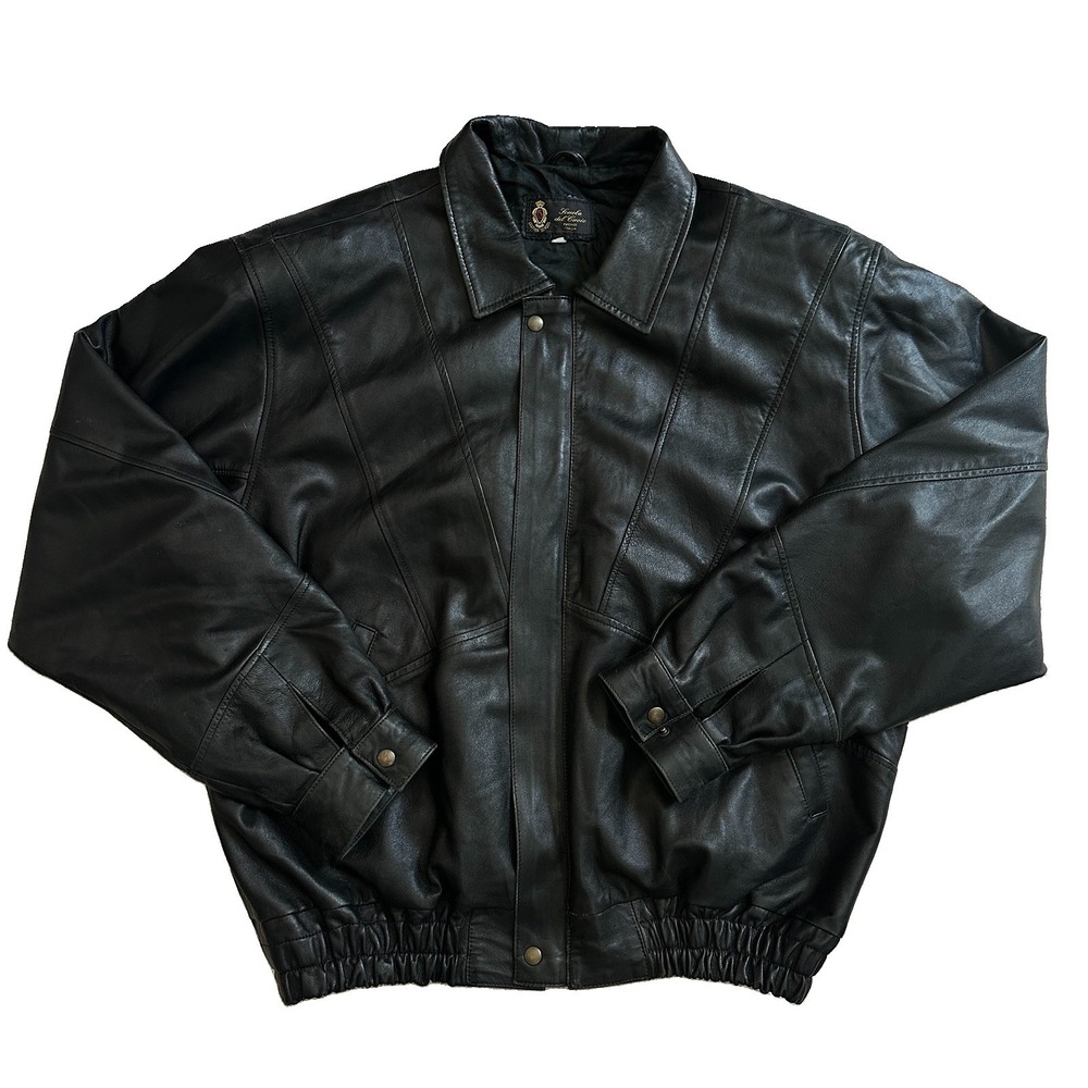 VTG Scuola de Cuoio Bomber Jacket Men's Large Black Leather Firenze Italy Zip